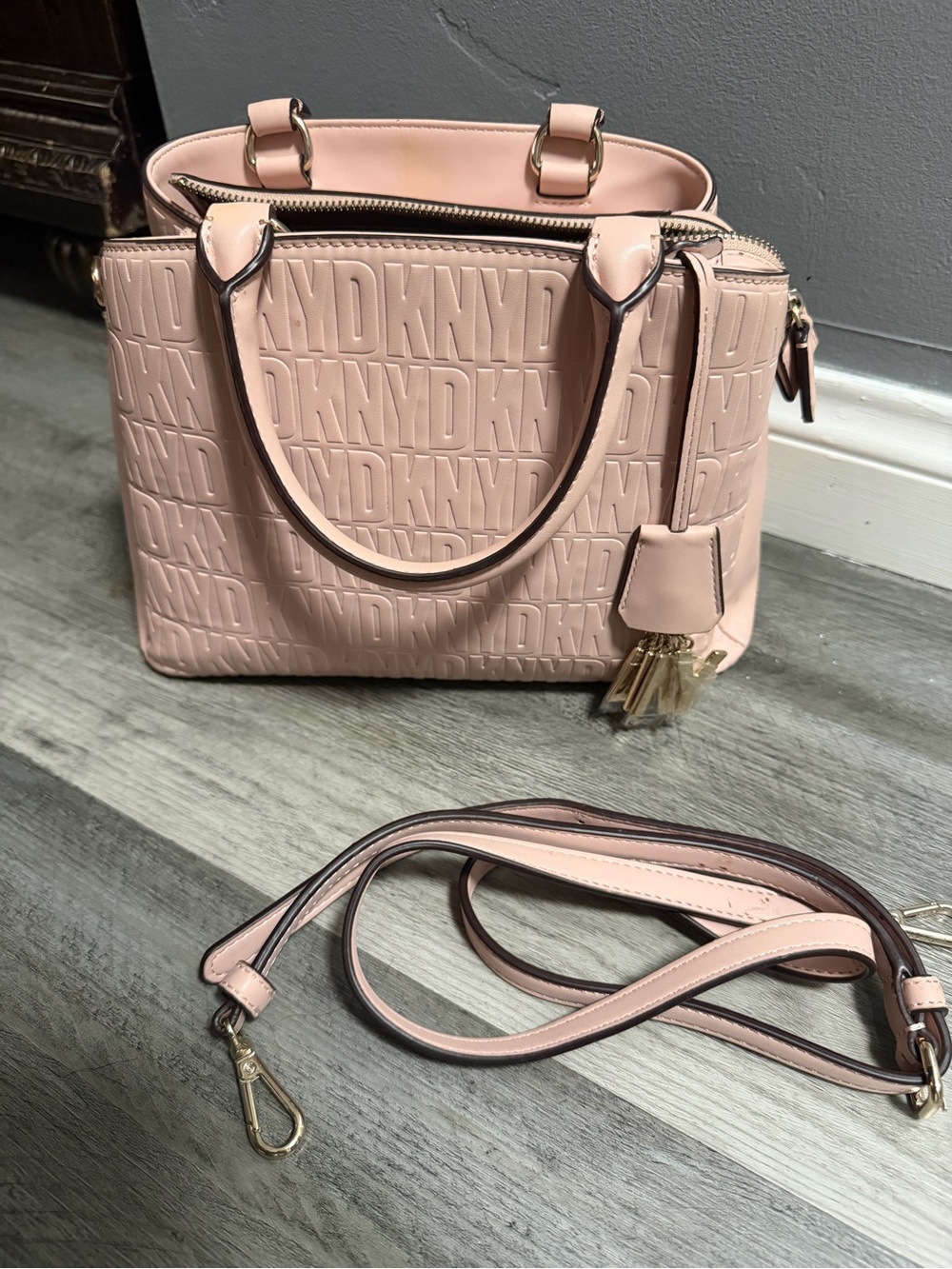 DKNY Blush Pink Embossed Logo Satchel with Detachable Strap